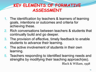 KEY ELEMENTS OF FORMATIVE
ASSESSMENT
1. The identification by teachers & learners of learning
goals, intentions or outcomes and criteria for
achieving these.
2. Rich conversations between teachers & students that
continually build and go deeper.
3. The provision of effective, timely feedback to enable
students to advance their learning.
4. The active involvement of students in their own
learning.
5. Teachers responding to identified learning needs and
strengths by modifying their teaching approach(es).
Black & Wiliam, 1998
19
 
