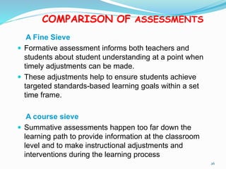 A Fine Sieve
 Formative assessment informs both teachers and
students about student understanding at a point when
timely adjustments can be made.
 These adjustments help to ensure students achieve
targeted standards-based learning goals within a set
time frame.
A course sieve
 Summative assessments happen too far down the
learning path to provide information at the classroom
level and to make instructional adjustments and
interventions during the learning process
26
COMPARISON OF ASSESSMENTS
 