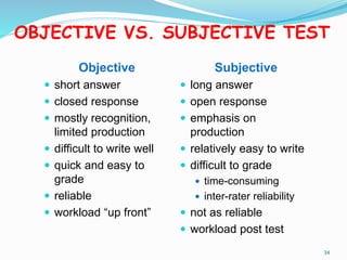 OBJECTIVE VS. SUBJECTIVE TEST
Objective
 short answer
 closed response
 mostly recognition,
limited production
 difficult to write well
 quick and easy to
grade
 reliable
 workload “up front”
Subjective
 long answer
 open response
 emphasis on
production
 relatively easy to write
 difficult to grade
 time-consuming
 inter-rater reliability
 not as reliable
 workload post test
34
 