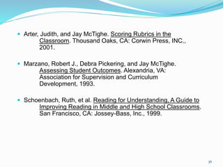  Arter, Judith, and Jay McTighe. Scoring Rubrics in the
Classroom. Thousand Oaks, CA: Corwin Press, INC.,
2001.
 Marzano, Robert J., Debra Pickering, and Jay McTighe.
Assessing Student Outcomes. Alexandria, VA:
Association for Supervision and Curriculum
Development, 1993.
 Schoenbach, Ruth, et al. Reading for Understanding, A Guide to
Improving Reading in Middle and High School Classrooms.
San Francisco, CA: Jossey-Bass, Inc., 1999.
36
 