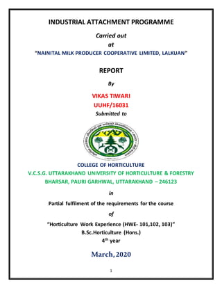 1
INDUSTRIAL ATTACHMENT PROGRAMME
Carried out
at
“NAINITAL MILK PRODUCER COOPERATIVE LIMITED, LALKUAN”
REPORT
By
VIKAS TIWARI
UUHF/16031
Submitted to
COLLEGE OF HORTICULTURE
V.C.S.G. UTTARAKHAND UNIVERSITY OF HORTICULTURE & FORESTRY
BHARSAR, PAURI GARHWAL, UTTARAKHAND – 246123
in
Partial fulfilment of the requirements for the course
of
“Horticulture Work Experience (HWE- 101,102, 103)”
B.Sc.Horticulture (Hons.)
4th
year
March,2020
 