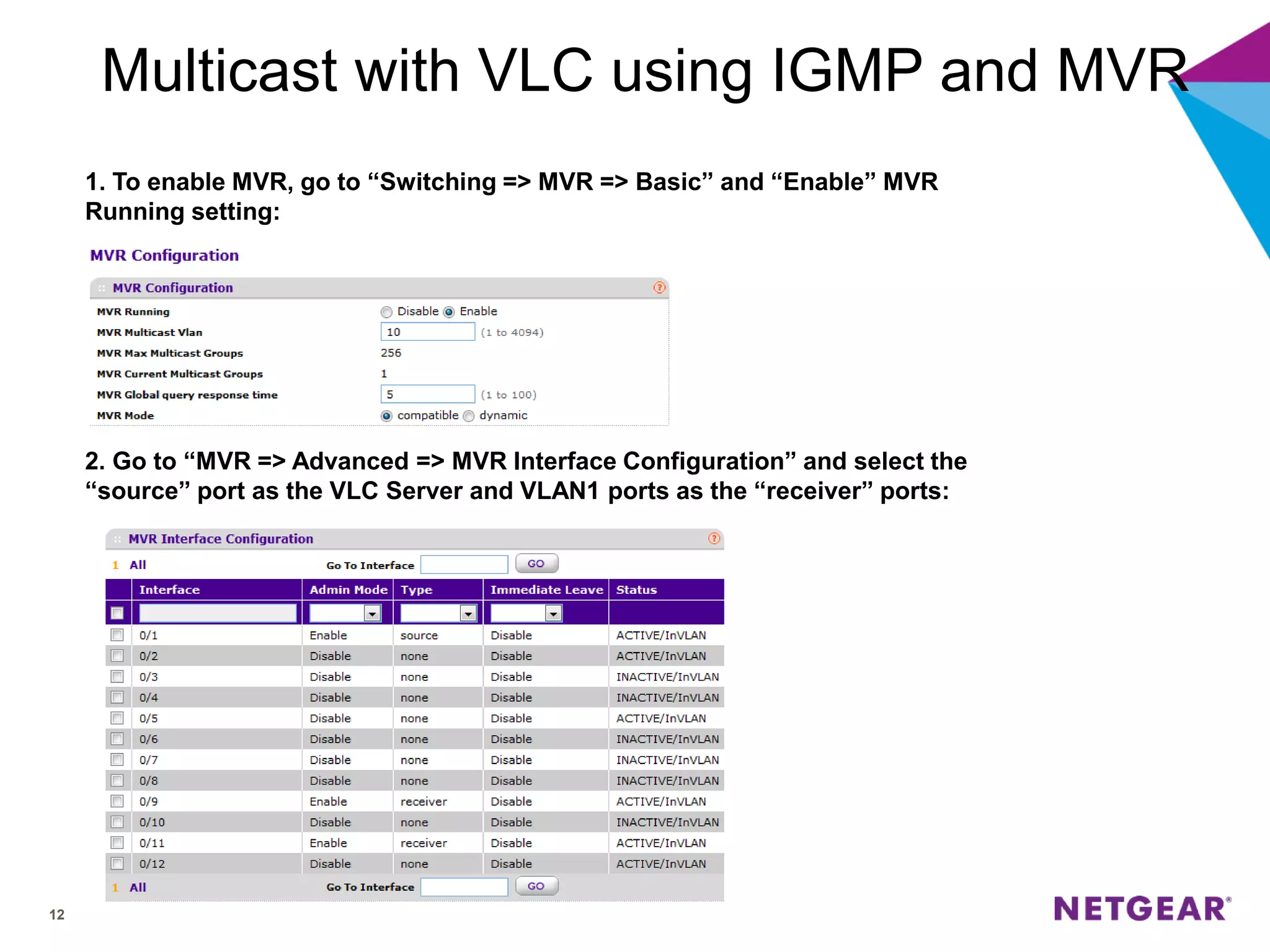 12
Multicast with VLC using IGMP and MVR
1. To enable MVR, go to “Switching => MVR => Basic” and “Enable” MVR
Running setting:
2. Go to “MVR => Advanced => MVR Interface Configuration” and select the
“source” port as the VLC Server and VLAN1 ports as the “receiver” ports:
 