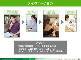 Sakura Shinmachi Urban Clinic Copyright © Platanus All Rights Reserved.Copyright © Mediva Inc. All Rights Reserved.
クリニックの自慢
その土台となる風土と環境
それを支える事務長の仕事
11
ディクテーション
移動中に録音し
スタッフに送信
専任スタッフ
がカルテ入力
医療事務が
電カルに保存
カルテを
確認・修正
メリット
①医師の負担軽減 ②カルテ情報量のUP
Before 入力10分×10名＝100分/日
After 録音 3分×10名＝ 30分/日（移動中）
 