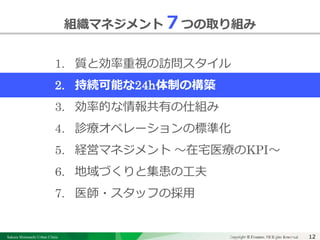 Sakura Shinmachi Urban Clinic Copyright © Platanus All Rights Reserved.Copyright © Mediva Inc. All Rights Reserved.
クリニックの自慢
その土台となる風土と環境
それを支える事務長の仕事
組織マネジメント７つの取り組み
12
1. 質と効率重視の訪問スタイル
2. 持続可能な24h体制の構築
3. 効率的な情報共有の仕組み
4. 診療オペレーションの標準化
5. 経営マネジメント ～在宅医療のKPI～
6. 地域づくりと集患の工夫
7. 医師・スタッフの採用
 