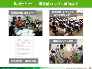 Sakura Shinmachi Urban Clinic Copyright © Platanus All Rights Reserved.Copyright © Mediva Inc. All Rights Reserved.
クリニックの自慢
その土台となる風土と環境
それを支える事務長の仕事
23
クリニックの自慢
その土台となる風土と環境
それを支える事務長の仕事
地域セミナー・退院前カンファ参加など
連携先向けセミナー 病院医師・スタッフに
在宅医療セミナー
退院前カンファ参加
紹介お礼状・経過報告書
 