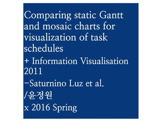 Comparing static Gantt
and mosaic charts for
visualization of task
schedules
+ Information Visualisation
2011
-Saturnino Luz et al.
/윤정원
x 2016 Spring
 