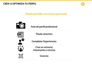 CREA U OPTIMIZA TU PERFIL 12
Sácale partido a tu marca personal
Foto de perfil profesional
Titular atractivo
Completar Experiencias
Crea un extracto  
interesante y conciso
Conecta
 