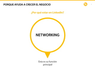 6
¿Por qué estar en LinkedIn?
NETWORKING
Ésta es su función
principal
PORQUE AYUDA A CRECER EL NEGOCIO
 