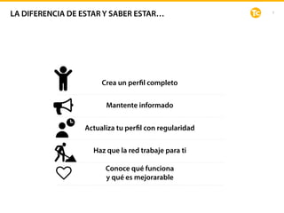9
Crea un perfil completo
Mantente informado
Actualiza tu perfil con regularidad
Haz que la red trabaje para ti
Conoce qué funciona  
y qué es mejorarable
LA DIFERENCIA DE ESTAR Y SABER ESTAR…
 