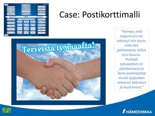 Case: Postikorttimalli
”Hienoa, että
toipumisesi on
edennyt niin hyvin,
että olet
palaamassa töihin
ensi kuussa.
Puhtaat
työvaatteet on
odottamassa ja
Taina perehdyttää
sinulle työpaikan
viimeiset käänteet
ja kuulumiset.”
 