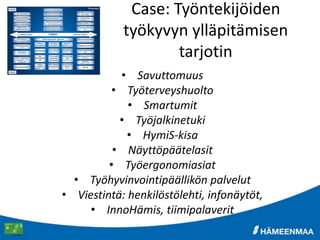 Case: Työntekijöiden
työkyvyn ylläpitämisen
tarjotin
• Savuttomuus
• Työterveyshuolto
• Smartumit
• Työjalkinetuki
• HymiS-kisa
• Näyttöpäätelasit
• Työergonomiasiat
• Työhyvinvointipäällikön palvelut
• Viestintä: henkilöstölehti, infonäytöt,
• InnoHämis, tiimipalaverit
 