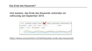 Das Ende des Keywords?
Und sowieso, das Ende des Keywords verkünden wir
vollmundig seit September 2014.
https://www.yourposition.ch/de/blog/das-ende-des-keywords
 