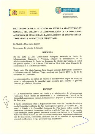 El Gobierno Vasco y el Ministerio de Fomento han firmado el protocolo de la encomienda de la Variante Sur Ferroviaria