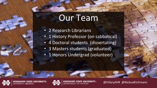 @hillaryAHR @NickoalEichmann
Our Team
• 2 Research Librarians
• 1 History Professor (on sabbatical)
• 4 Doctoral students ...