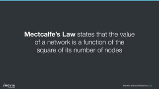 13PRIVATE AND CONFIDENTIAL|
Mectcalfe’s Law states that the value
of a network is a function of the
square of its number of nodes
 