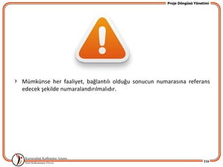 Proje Döngüsü Yönetimi




Mümkünse her faaliyet, bağlantılı olduğu sonucun numarasına referans
edecek şekilde numaralandırılmalıdır.




                                                                       116
 