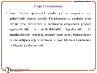 Proje Döngüsü Yönetimi


                    Proje Tasarlanması
Proje fikirleri operasyonel planlar ya da programlar için
geliĢtirilebilir duruma getirilir. Faydalanıcılar ve paydaĢlar proje
fikrinin temel özelliklerini ve önceliklerini detaylandırır, projenin
uygulanabilirliği   ve     sürdürülebilirliği   değerlendirilir.        Bu
değerlendirmenin temelinde, projenin tutarlılığının, bütünselliğinin
ve iĢlevselliğinin değerlendirilmesi ile proje teklifinin hazırlanması
ve bütçenin planlaması vardır.




                                                                         14
 