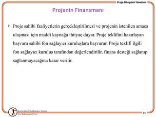 Proje Döngüsü Yönetimi


                     Projenin Finansmanı

Proje sahibi faaliyetlerin gerçekleĢtirilmesi ve projenin istenilen amaca
ulaĢması için maddi kaynağa ihtiyaç duyar. Proje teklifini hazırlayan
baĢvuru sahibi fon sağlayıcı kuruluĢlara baĢvurur. Proje teklifi ilgili
fon sağlayıcı kuruluĢ tarafından değerlendirilir, finans desteği sağlanıp
sağlanmayacağına karar verilir.




                                                                            15
 
