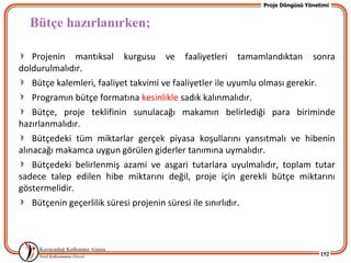Proje Döngüsü Yönetimi


  Bütçe hazırlanırken;

    Projenin mantıksal kurgusu ve faaliyetleri tamamlandıktan sonra
doldurulmalıdır.
    Bütçe kalemleri, faaliyet takvimi ve faaliyetler ile uyumlu olması gerekir.
    Programın bütçe formatına kesinlikle sadık kalınmalıdır.
    Bütçe, proje teklifinin sunulacağı makamın belirlediği para biriminde
hazırlanmalıdır.
    Bütçedeki tüm miktarlar gerçek piyasa koşullarını yansıtmalı ve hibenin
alınacağı makamca uygun görülen giderler tanımına uymalıdır.
    Bütçedeki belirlenmiş azami ve asgari tutarlara uyulmalıdır, toplam tutar
sadece talep edilen hibe miktarını değil, proje için gerekli bütçe miktarını
göstermelidir.
    Bütçenin geçerlilik süresi projenin süresi ile sınırlıdır.




                                                                                152
 