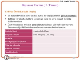 Proje Döngüsü Yönetimi


                       BaĢvuru Formu ( 1. Tanım)
1.4 Proje Özeti (En fazla 1 sayfa)
   Bu bölümde verilen tablo dıĢında ayrıca bir özet yazmanız gerekmemektedir.
   Tabloda yer alan boĢlukların toplamı en fazla bir sayfa tutacak biçimde
   doldurulmalıdır.
   Özet bölümünün, projenin geneliyle tutarlı olması için bu bölüm baĢvuru
   formunun diğer bölümleri tamamlandıktan sonra doldurulmalıdır.
Projenin Süresi               … ay (en fazla 15 ay)

Projenin Amaçları             Genel Amaç(lar), Özel Amaç

Ortak(lar)
Hedef grup(lar)/MüĢteriler
Nihai Yararlanıcılar
Beklenen Sonuçlar

Temel Faaliyetler


                                                                              170
 
