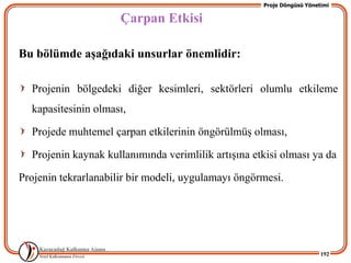 Proje Döngüsü Yönetimi

                      Çarpan Etkisi

Bu bölümde aĢağıdaki unsurlar önemlidir:

  Projenin bölgedeki diğer kesimleri, sektörleri olumlu etkileme
  kapasitesinin olması,

  Projede muhtemel çarpan etkilerinin öngörülmüĢ olması,

  Projenin kaynak kullanımında verimlilik artıĢına etkisi olması ya da

Projenin tekrarlanabilir bir modeli, uygulamayı öngörmesi.




                                                                        192
 