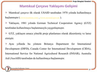 Proje Döngüsü Yönetimi


              Mantıksal Çerçeve Yaklaşımı Gelişimi
   Mantıksal çerçeve ilk olarak USAID tarafından 1970 yılında kullanılmaya
baĢlanmıĢtır (www.teamusa.com , www.ausaud.gov.au ).

   YaklaĢım, 1981 yılında German Technical Cooperation Agency (GTZ)
tarafından kullanılmaya baĢlanmasıyla yaygınlaĢmıĢtır.

   GTZ, yaklaĢım amaca yönelik proje planlaması olarak düzenlemiĢ ve lanse
etmiĢtir.

   Aynı     yıllarda   bu   yöntem   Britanya   Department   for   International
Development (DIFD), Canada Center for International Development (CIDA),
International Service for National Agricultural Research (INSAR), Australia
Aid (AusAID) tarafından da kullanılmaya baĢlanmıĢtır.



                                                                                 27
 