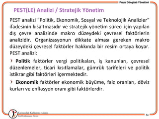 Proje Döngüsü Yönetimi


 PEST(LE) Analizi / Stratejik Yönetim
PEST analizi “Politik, Ekonomik, Sosyal ve Teknolojik Analizler”
ifadesinin kısaltmasıdır ve stratejik yönetim süreci için yapılan
dış çevre analizinde makro düzeydeki çevresel faktörlerin
analizidir. Organizasyonun dikkate alması gereken makro
düzeydeki çevresel faktörler hakkında bir resim ortaya koyar.
PEST analizi:
    Politik faktörler vergi politikaları, iş kanunları, çevresel
düzenlemeler, ticari kısıtlamalar, gümrük tarifeleri ve politik
istikrar gibi faktörleri içermektedir.
    Ekonomik faktörler ekonomik büyüme, faiz oranları, döviz
kurları ve enflasyon oranı gibi faktörlerdir.



                                                                      34
 