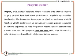 Proje Döngüsü Yönetimi


                           Program Nedir?

Program, ortak stratejik hedeflere yönelik sonuçların elde edilmesi amacıyla
bir grup projenin koordineli olarak yürütülmesidir. Projelerle aynı mantıkta
tasarlanırlar. Hibe Programları kapsamında da ulusal ve uluslararası stratejik
hedeflere yönelik çeşitli kurum ve kuruluşların yaptıkları projeler sonucunda
bir ilerleme sağlanması ve Hibe Programının hedefine yönelik sonuçlar elde
edilmesi amaçlanır. Yani program genel çerçeveyi verir, proje ise somutta,
daha küçük çerçevede problemin çözülmesine katkıda bulunur.




                                                                                5
 