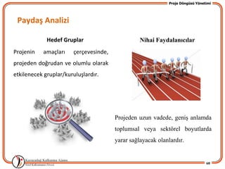 Proje Döngüsü Yönetimi




 Paydaş Analizi

             Hedef Gruplar                       Nihai Faydalanıcılar
Projenin   amaçları    çerçevesinde,
projeden doğrudan ve olumlu olarak
etkilenecek gruplar/kuruluşlardır.




                                       Projeden uzun vadede, geniĢ anlamda
                                       toplumsal veya sektörel boyutlarda
                                       yarar sağlayacak olanlardır.


                                                                               60
 