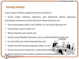 Proje Döngüsü Yönetimi




 Strateji Analizi
Uygun strateji seçilirken aĢağıdaki kontrol listesi kullanılır;

   Seçilen strateji istihdamın sağlanması, gelir dağılımında adaletin sağlanması,
yoksulluğun azaltılmasına yönelik faaliyetlere katkıda bulunuyor mu?

   Dezavantajlı gruplar (kadın, yaĢlı, özürlüler vb.) için fayda sağlayacak mı?

   Fayda-Maliyet analizi olumlu mu?

   Maliyet-Etkinlik analizi olumlu mu?

   Seçilen strateji bölgedeki ekonomik, sosyal ve politik hedeflerle uyumlu mu?

   Çevresel etkiler göz önünde bulundurulmuĢ mu?

   Seçilen stratejinin kurumsal kapasiteye katkısı var mı?

   Seçilen strateji devam eden proje ve programlarla bütünlük sağlıyor mu?

   Seçilen stratejiyle acilen çözülmesi gereken bir problem çözülüyor mu?
                                                                                        69
 