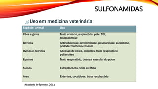 SULFONAMIDAS
 Uso em medicina veterinária
Adaptado de Spinosa, 2011
Espécie animal Uso
Cães e gatos Trato urinário, respiratório, pele, TGI,
toxoplasmose
Bovinos Actinobacilose, actinomicose, pasteurelose, coccidiose,
pododermatite necrosante
Ovinos e caprinos Abcesso de casco, enterites, trato respiratório,
poliartrites
Equinos Trato respiratório, doença vascular do potro
Suínos Estreptococos, rinite atrófica
Aves Enterites, coccidiose, trato respiratório
 