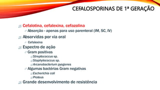 CEFALOSPORINAS DE 1ª GERAÇÃO
 Cefalotina, cefalexina, cefazolina
 Absorção - apenas para uso parenteral (IM, SC, IV)
 Absorvidas por via oral
 Cefalexina
 Espectro de ação
 Gram positivas
 Streptococcus sp.
 Staphylococcus sp.
 Arcanobacterium pyogenes
 Algumas bactérias Gram negativas
 Escherichia coli
 Proteus
 Grande desenvolvimento de resistência
 