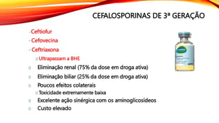 - Ceftiofur
- Cefovecina
- Ceftriaxona
Ultrapassam a BHE
Eliminação renal (75% da dose em droga ativa)
Eliminação biliar (25% da dose em droga ativa)
Poucos efeitos colaterais
Toxicidade extremamente baixa
Excelente ação sinérgica com os aminoglicosídeos
Custo elevado
CEFALOSPORINAS DE 3ª GERAÇÃO
 