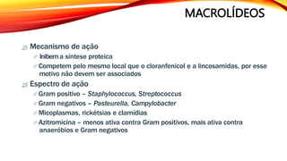 MACROLÍDEOS
 Mecanismo de ação
 Inibema síntese proteica
 Competem pelo mesmo local que o cloranfenicol e a lincosamidas, por esse
motivo não devem ser associados
 Espectro de ação
 Gram positivo – Staphylococcus, Streptococcus
 Gram negativos – Pasteurella, Campylobacter
 Micoplasmas, rickétsias e clamídias
 Azitromicina – menos ativa contra Gram positivos, mais ativa contra
anaeróbios e Gram negativos
 