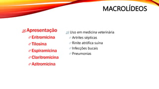 MACROLÍDEOS
 Uso em medicina veterinária
 Artrites sépticas
 Rinite atrófica suína
 Infecções bucais
 Pneumonias
 Apresentação
Eritromicina
Tilosina
Espiramicina
Claritromicina
Azitromicina
 
