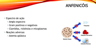 ANFENICÓIS
Espectro de ação
Amplo espectro
Gram positivos e negativos
Clamídias, rickétsias e micoplasmas
Reações adversas
Anemia aplásica
 