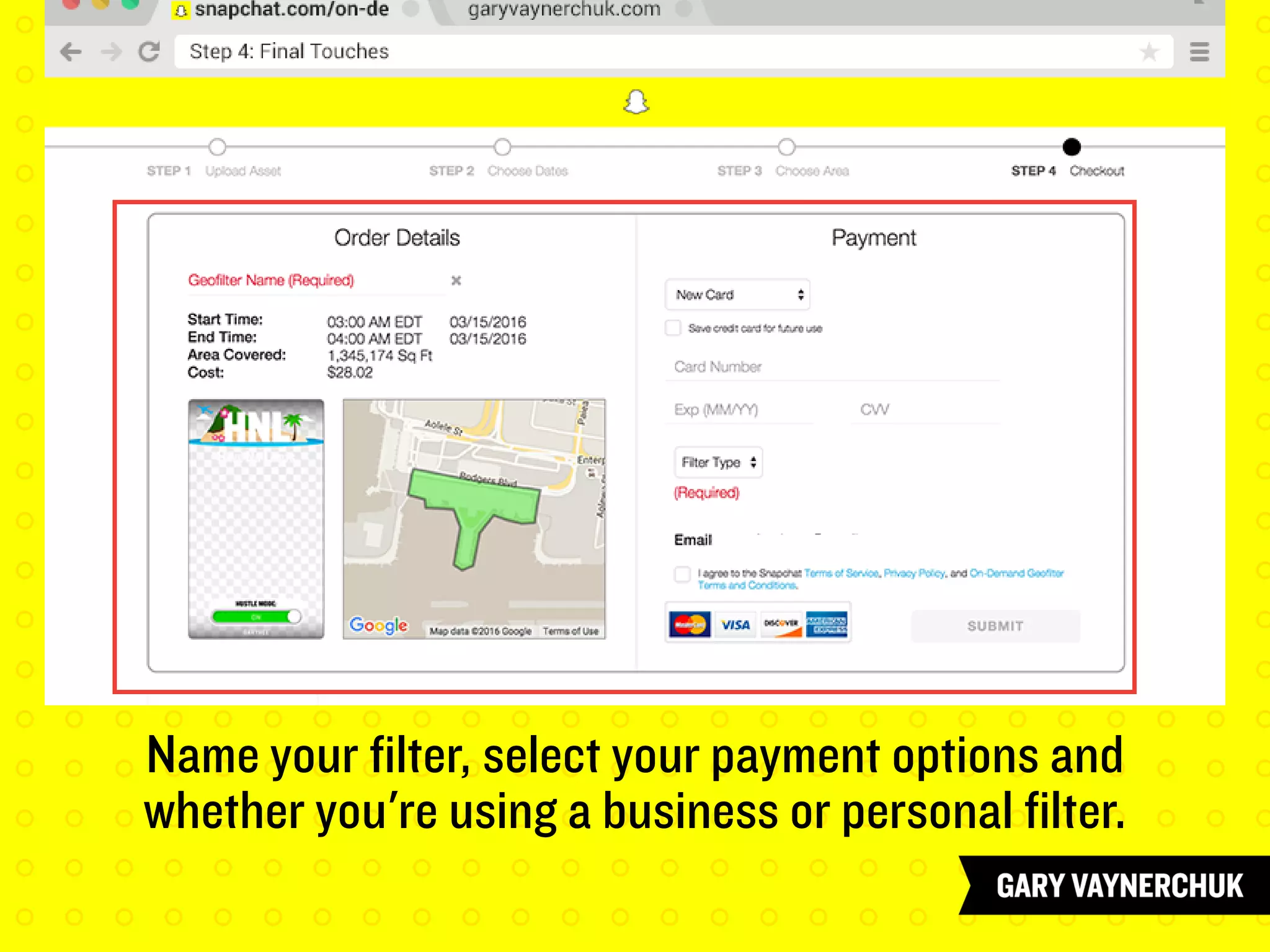Name your filter, select your payment options and
whether you're using a business or personal filter.
 