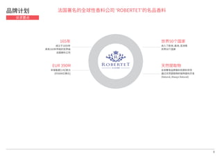法国著名的全球性香料公司 ‘ROBERTET’的名品香料
165年
成立于1850年
具有165年传统的世界级
法国香料公司
EUR 390M
年销售额3.9亿欧元
(约5000亿韩元)
世界50个国家
进入了欧洲，美洲，亚洲等
世界50个国家
天然提取物
全球奢侈品牌香料的原料供货
通过天然提取物的独特香料开发
(Natural, Always Natural)
8
品牌计划
诉求要点
 