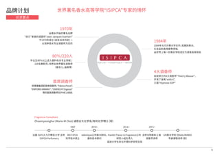 1970年
由香水开始的著名品牌
“娇兰”家族的调香师“Jean-Jacques Guerlain”
于1970年成立（具有46年历史）->
以培养香水专业调香师为目的
80％/220人
毕业生80％以上进入香料有关专业领域 /
220名教职员，培养出世界著名调香师
（香奈儿，迪奥等）
首席调香师
欧莱雅集团前首席调香师，“FabricePenot”,
“EMPORIOARMANI”，“GIVENCHYOrganza”
等的首席调香师SOPHIELABBE
1984年
1984年与凡尔赛大学合作，拓展到香水，
化妆品和食用香等领域，
由世界上唯一的香水学校成长为调香高等院校
4大调香师
目前娇兰的4大调香师“Thierry Wasser”，
开发了迪奥“addict”,
兰蔻“Hypnose EDP”
世界著名香水高等学院“ISIPCA”专家的情怀
Fragrance Consultant
Choemyeonghui (Marie-M Choi) 诚信女大化学系/有机化学博士（现）
法国 ISIPCA 凡尔赛宫大学 主修
iSIPCA Perfumery
MST-IPCA
科学技术硕士
1997 2010~
edenique公司香水顾问，
香料技术顾问
2014~
Hanbit Flavor & Fragrance公司
研究小组负责人
高丽大学生命与环境科学研究生院
2015~
主修生物香料工程
调香学讲师
GN香水学校（旧GALIMARD）
专家课程讲师（前）
9
品牌计划
诉求要点
 