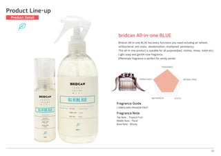 15
bridcan All-in-one BLUE
Bridcan All-in-one BLUE has every functions you need including air refresh,
antibacterial, anti static, deodorization, mothproof, persistency.
This all-in-one product is suitable for all purpose(bed, clothes, shoes, toilet etc)
Light soap and gentle rose fragrance.
Effeminate fragrance is perfect for windy winter.
Product Line-up
Product Detail
FRAGRANCE
ANTIBACTERIA
STATICMOTHPROOF
PERSISTANCY
Fragrance Guide
L'ERBOLARIO PASSION FRUIT
Fragrance Note
Top Note│Tropical Fruit
Middle Note│Floral
Base Note│Woody
 
