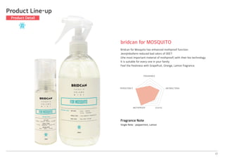 Fragrance Note
Single Note│peppermint, Lemon
17
bridcan for MOSQUITO
Bridcan for Mosquito has enhanced mothproof function.
Jeonjinbiofarm reduced bad odors of DEET
(the most important material of mothproof) with their bio technology.
It is suitable for every one in your family.
Feel the freshness with Grapefruit, Orange, Lemon fragrance.
Product Line-up
Product Detail
FRAGRANCE
ANTIBACTERIA
STATICMOTHPROOF
PERSISTENCY
 