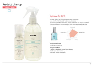 Fragrance Guide
DEMETER COTTON BLUE
Fragrance Note
Top Note│Fresh lemon, Orange, Cotton Blossom
Middle Note│Lilac, Jasmine
Base Note│Amber, Woody, Musk
18
bridcan for BED
Bridcan for BED has enhanced antibacterial, mothproof,
and air refresh functions for bed, couch, fabric etc.
It removes odors from fabric that cannot wash easily and reduce dust mites.
It gives cozy feeling of freshness with fresh lemon and orange fragrance.
Product Line-up
Product Detail
FRAGRANCE
ANTIBACTERIA
STATICMOTHPROOF
PERSISTENCY
 