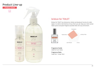 Fragrance Guide
DEMETER FUZZY NAVEL
Fragrance Note
Single Note│Orange, Peach
20
bridcan for TOILET
Bridcan for TOILET has enhanced air refresh and deodorant function for toilet.
Apply it to toilet to feel freshness till you finish your job. Keep your toilet manner
Sweet apricot and peach fragrance provides fresh and cozy environment.
Product Line-up
Product Detail
FRAGRANCE
ANTIBACTERIA
STATICMOTHPROOF
PERSISTENCY
 