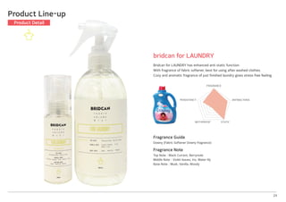 Fragrance Guide
Downy (Fabric Softener Downy fragrance)
Fragrance Note
Top Note│Black Currant, Berrynote
Middle Note│Violet leaves, Iris, Water lily
Base Note│Musk, Vanilla, Woody
24
bridcan for LAUNDRY
Bridcan for LAUNDRY has enhanced anti static function.
With fragrance of fabric softener, best for using after washed clothes.
Cozy and aromatic fragrance of just finished laundry gives stress free feeling.
Product Line-up
Product Detail
FRAGRANCE
ANTIBACTERIA
STATICMOTHPROOF
PERSISTENCY
 