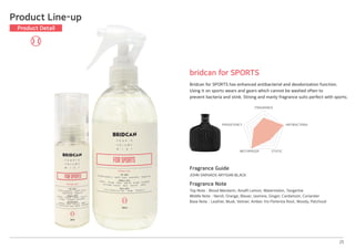 Fragrance Guide
JOHN VARVAOS ARTISAN BLACK
Fragrance Note
Top Note│Blood Mandarin, Amalfi Lemon, Watermelon, Tangerine
Middle Note│Neroli, Orange, Blauer, Jasmine, Ginger, Cardamom, Coriander
Base Note│Leather, Musk, Vetiver, Amber, Iris Florentia Root, Woody, Patchouli
bridcan for SPORTS
Bridcan for SPORTS has enhanced antibacterial and deodorization function.
Using it on sports wears and gears which cannot be washed often to
prevent bacteria and stink. Strong and manly fragrance suits perfect with sports.
25
Product Line-up
Product Detail
FRAGRANCE
ANTIBACTERIA
STATICMOTHPROOF
PERSISTENCY
 