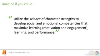 Be your very best, every day.
Imagine if you could…
utilize the science of character strengths to
develop social and emotional competencies that
maximize learning (motivation and engagement),
learning, and performance.
“
”
 