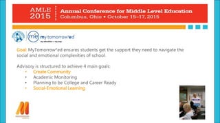 Goal: MyTomorrow*ed ensures students get the support they need to navigate the
social and emotional complexities of school.
Advisory is structured to achieve 4 main goals:
• Create Community
• Academic Monitoring
• Planning to be College and Career Ready
• Social-Emotional Learning
 