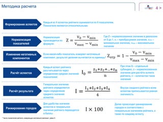 Методика расчета
Генеральное значение
рейтинга определяется
через определение
среднего значения
аспектов:
Формирование аспектов
Нормализация
показателей
Изменение негативных
компонентов
Расчёт результата
Расчёт аспектов
Каждый из 4 аспектов рейтинга оценивается по 6 показателям.
Показатели являются относительными.
Нормализация
производится по
формуле:
Где Z – нормализованное значение в диапазоне
от 0 до 1, v0 – преобразуемое значение, vmin –
минимальное значение, vmax – максимальное
значение
Если какой-либо показатель измеряет негативный
компонент, результат деления вычитается из единицы*
Каждый аспект рейтинга
рассчитывается через
определение средних значений
показателей:
При этом I0 – отдельный
субиндекс, z – нормализованное
значение для расчёта аспекта
рейтинга, n – количество таких
значений
Далее происходит ранжирование
городов в соответствии с
генеральным значением рейтинга, а
также по каждому аспекту
Ранжирование городов
Для удобства значения
аспектов и генеральное
значение рейтинга переводятся
в баллы
Внутри сводного рейтинга всем
аспектам приписывается равная
значимость
4 >
* Число показателей рейтинга, измеряющих негативный компонент, равно 5.
 