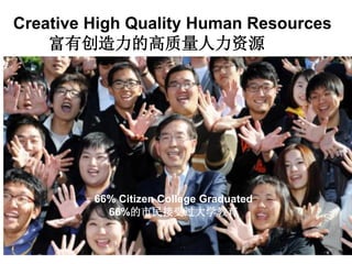 Creative High Quality Human Resources
富有创造力的高质量人力资源
66% Citizen College Graduated
66%的市民接受过大学教育
 