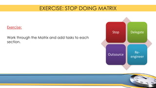 EXERCISE: STOP DOING MATRIX
Exercise:
Work through the Matrix and add tasks to each
section.
 
